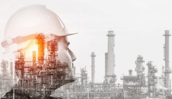 Future factory plant and energy industry concept in creative graphic design. Oil, gas and petrochemical refinery factory with double exposure arts showing next generation of power and energy business.